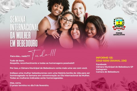 DIA INTERNACIONAL DA MULHER: Câmara de Bebedouro vai homenagear as mais votadas